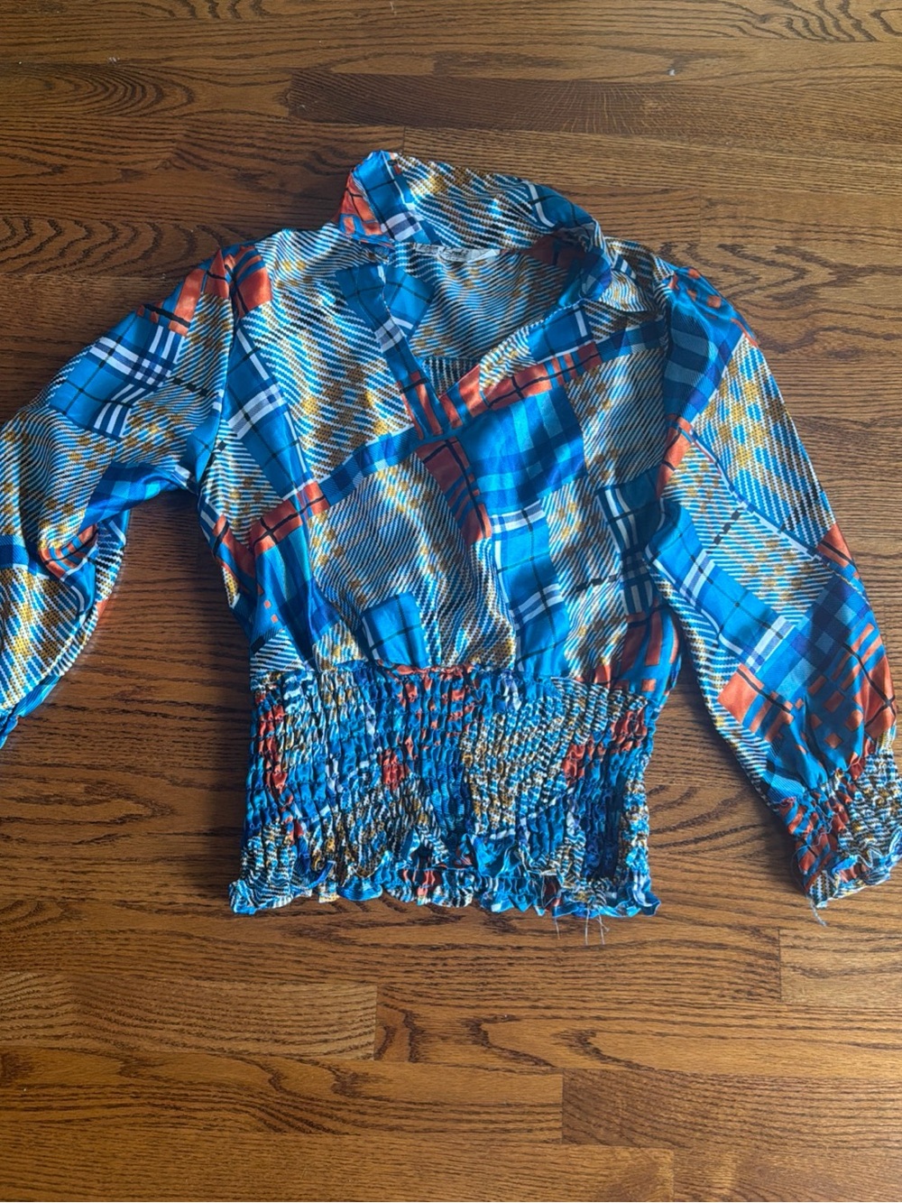 Blue & Orange Plaid Smocked Waist Blouse